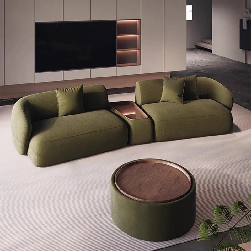 canapé salon moderne tissu beige vert olive chesterfield coussins table basse