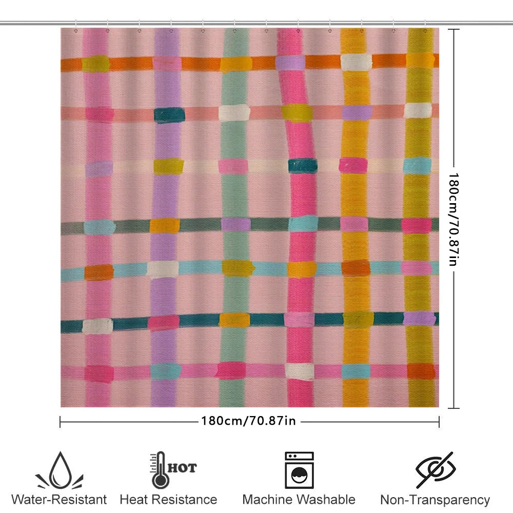rideau douche moderne carreaux colorés rose vert jaune opacité tapis bain imperméable anneaux métal