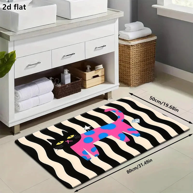 tapis moderne graphique chat dessin animé noir blanc rose bleu gris antidérapant polyester feutre