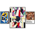 Trois cadres décoratifs avec des formes abstraites, des couleurs vives et le nom de l'artiste Thorvald Hellesen.