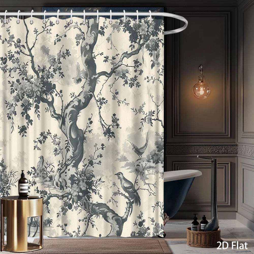 rideau douche polyester arbre oiseaux classique naturel gris beige moderneôtelte