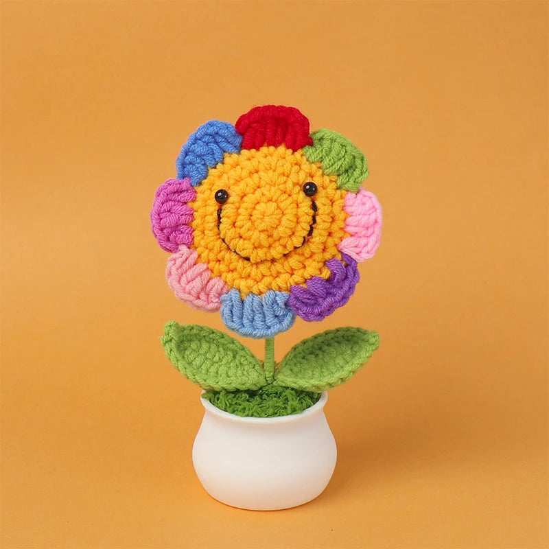 fleurs crochet rose jaune marron multicolore pot plastique décoration intérieure ornement créatif enfantin