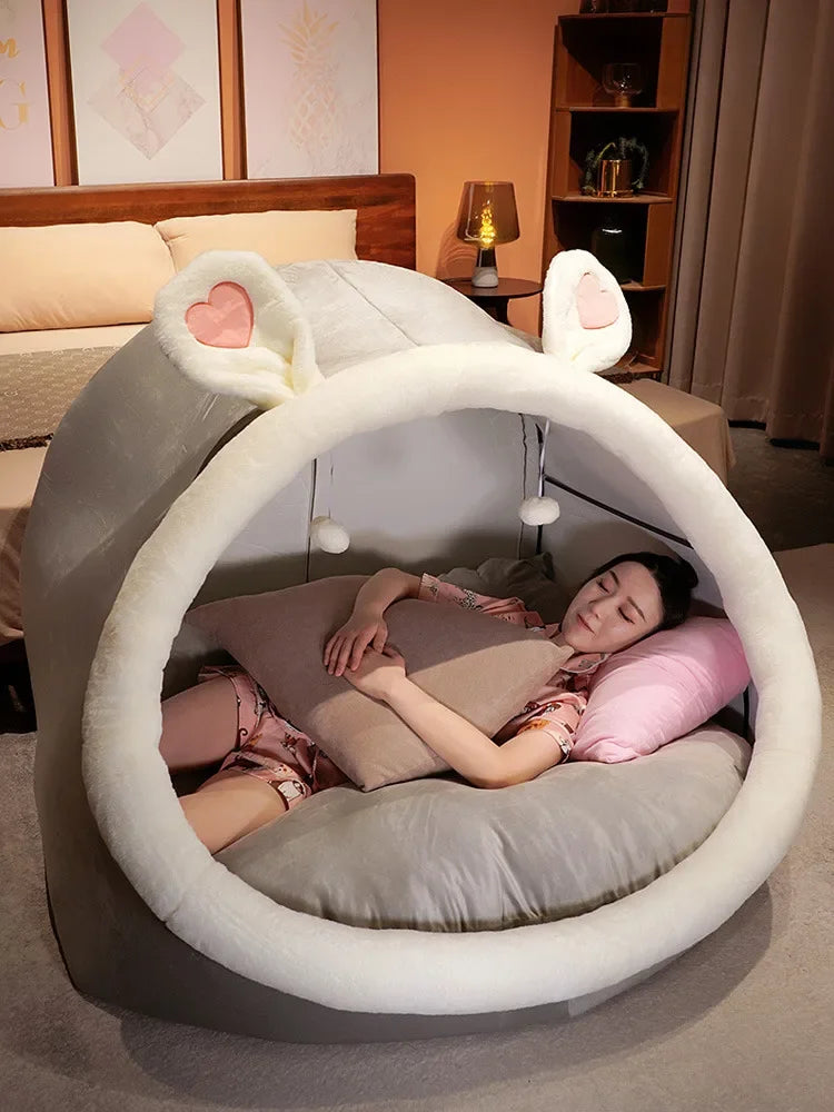 tente lit rose blanche douce oreilles coeur moderne confortable coussins