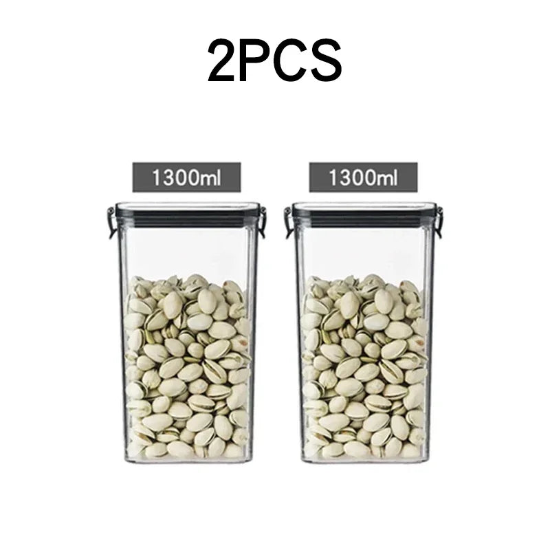 boîtes rangement alimentaire transparentes poignées noires multiple tailles réutilisables modernes pratiques épices pâtes graines