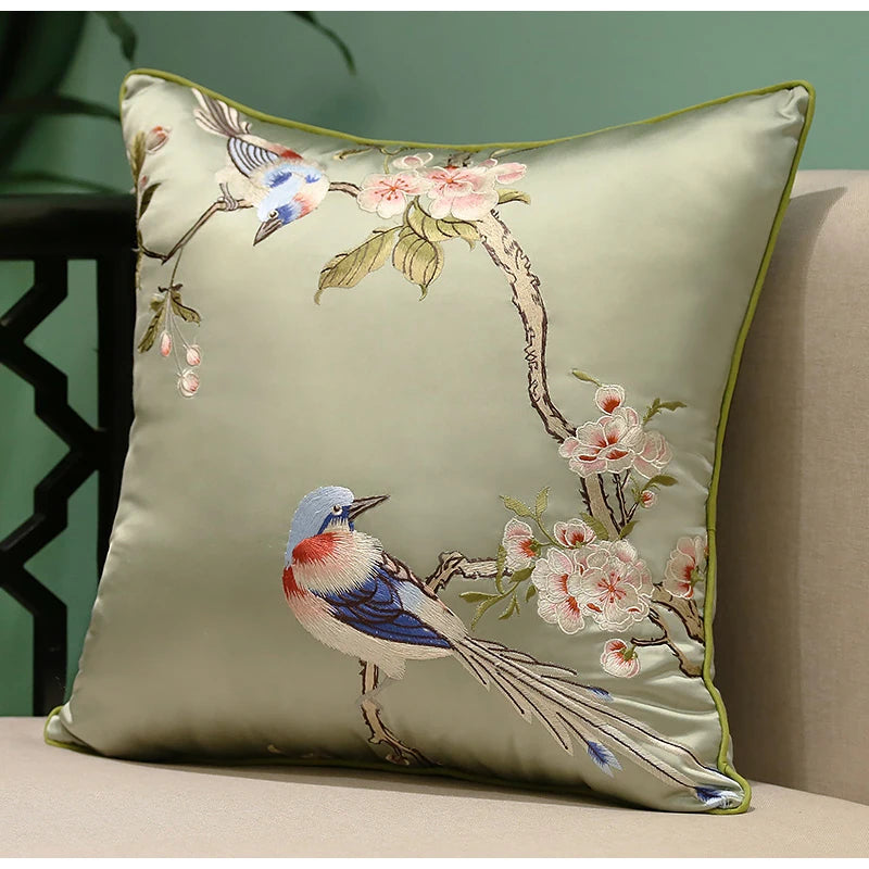 taies d'oreiller brodées oiseaux fleurs vertes polyester traditionnel rétro maison