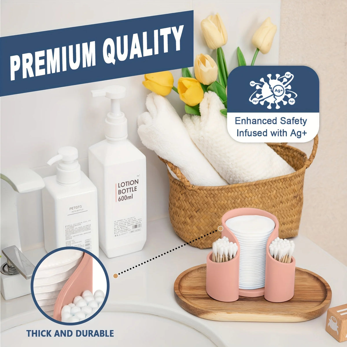 rangement salle bain bouteilles lotion bouchons coton blanc moderne compact utilisation multiple sans electricité