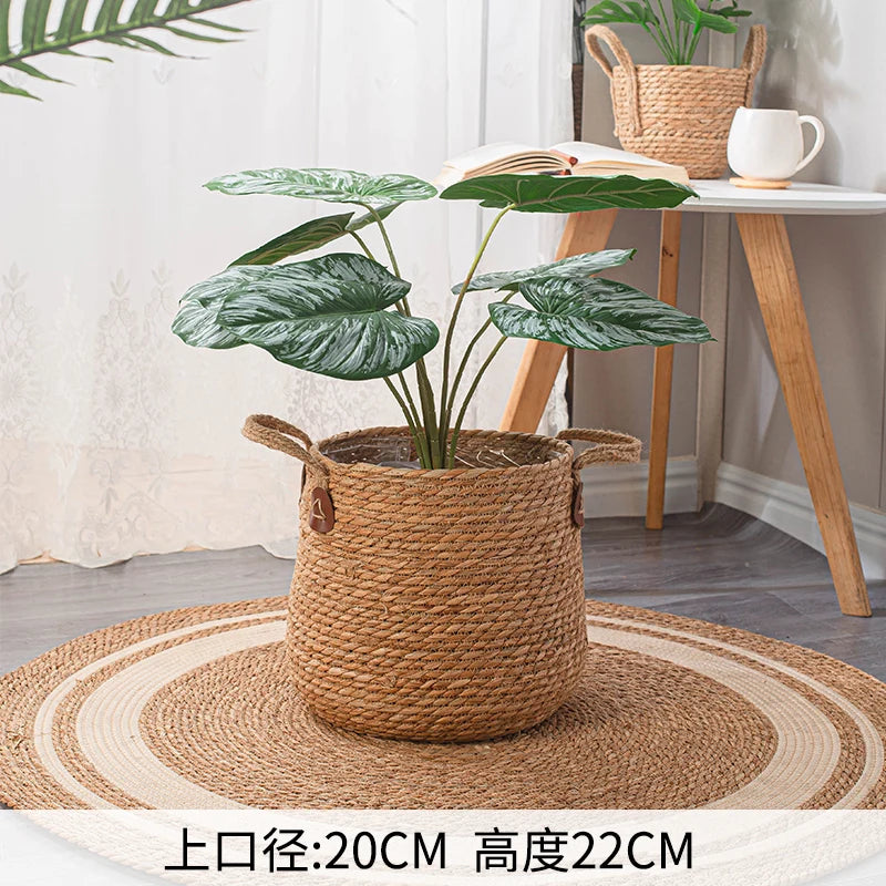 panier tissé rotin marron clair grande capacité maison jardin salon rustique naturel poignées cuir