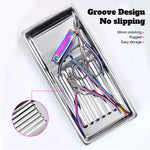 plateau acier inoxydable argenté rainuré instruments manucure professionnel storage tray cosmetic organizer