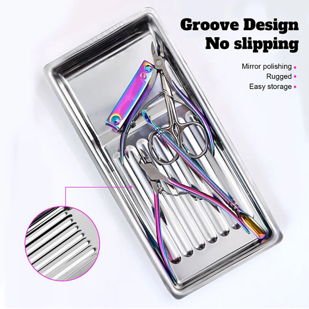 plateau acier inoxydable argenté rainuré instruments manucure professionnel storage tray cosmetic organizer
