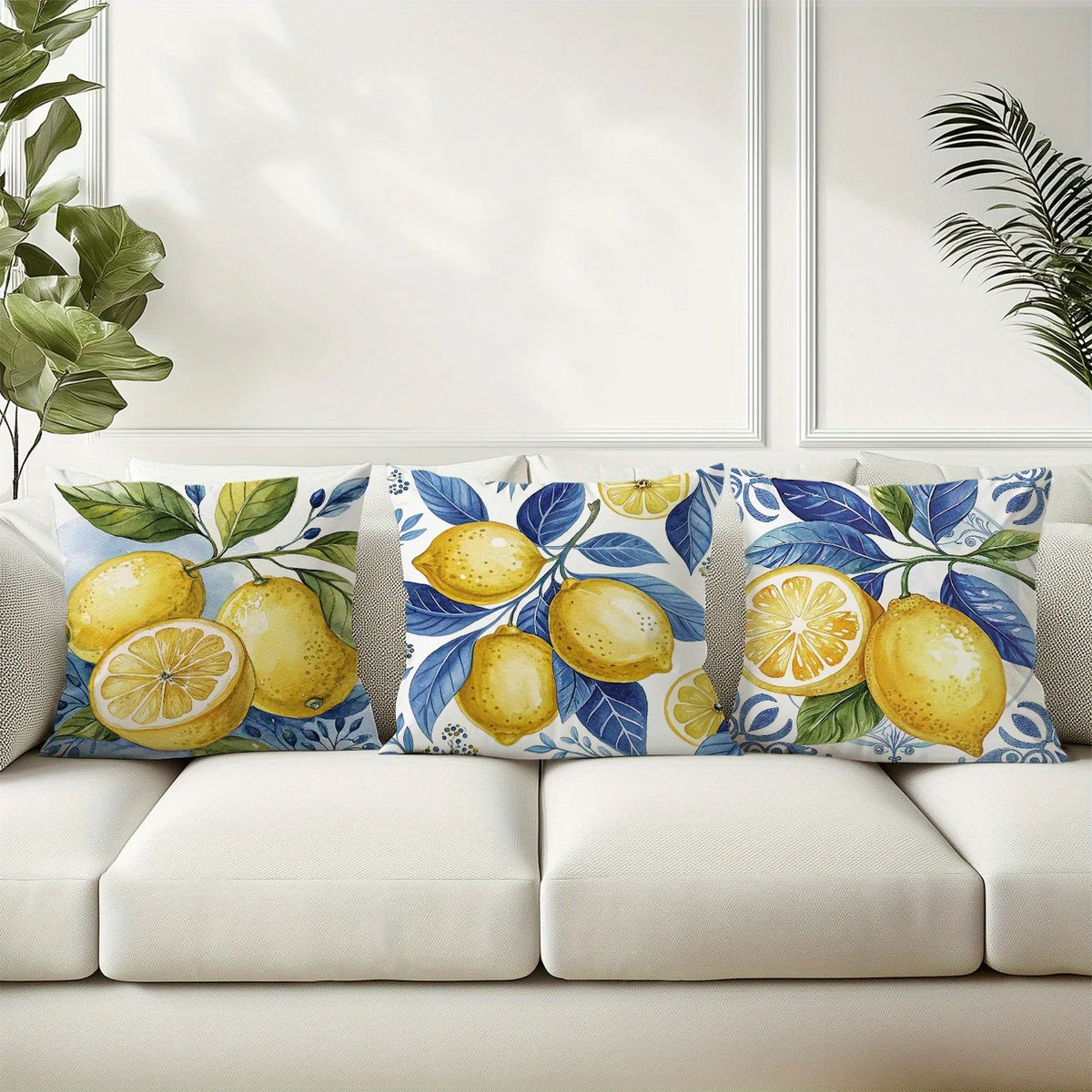 taies d'oreiller décoratives imprimées citrons feuilles bleu moderne maison lit