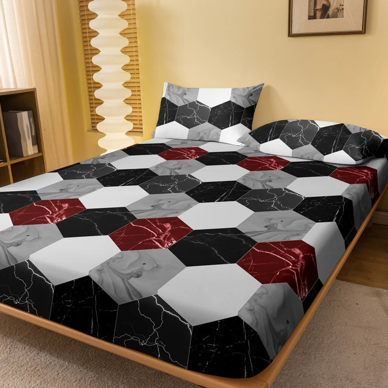 drap housse géométrique marbre moderne noir blanc rouge polyester lit