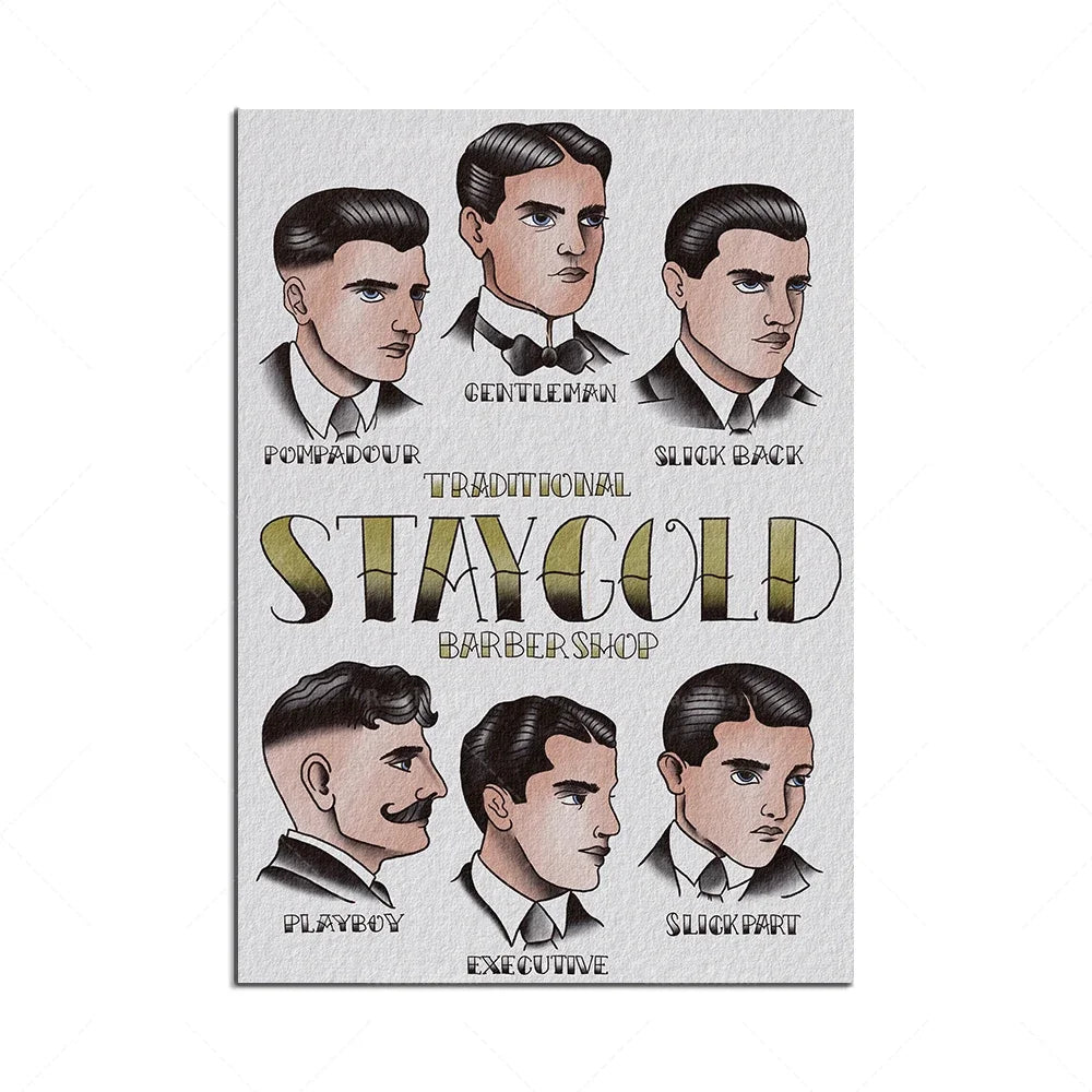 Cette image illustre plusieurs types de coiffures traditionnelles pour hommes telles que le pompadour, le slick back et le slick part, avec des coupes de cheveux et des styles vestimentaires caractéristiques de l'époque, le tout dans un style vintage.