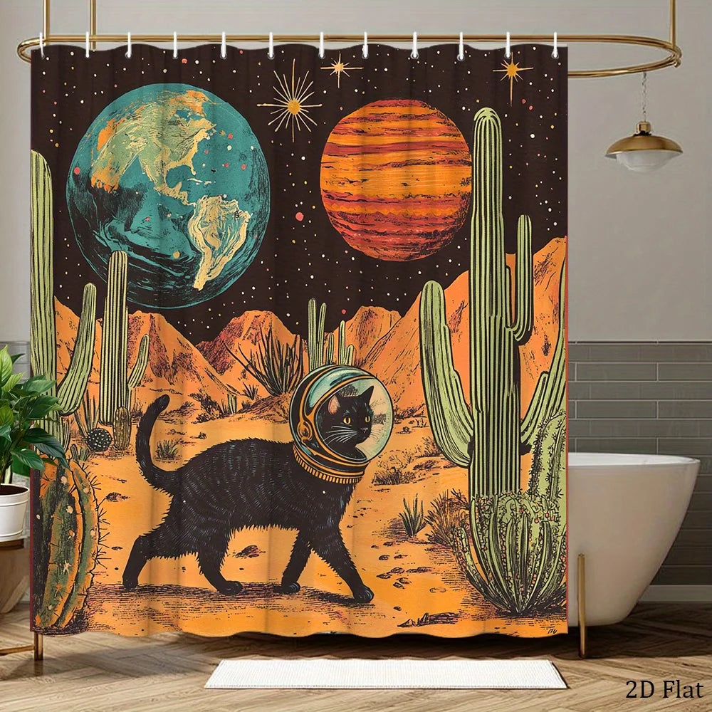 rideau douche spatial chat astronaute cactus métalliques polyester moderne illustration vintage