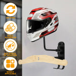 support rangement rotatif casque moto moderne vis écrous noir texture bois
