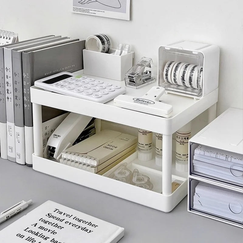 rangement étagère double niveau blanc minimaliste moderne organisateur calculatrice stylos cahiers lunettes