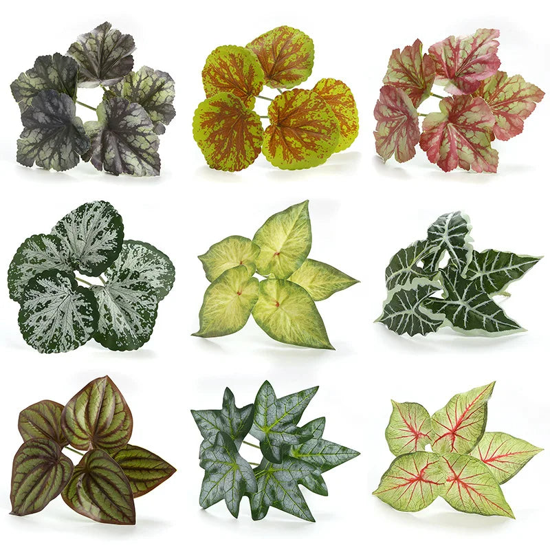 feuille artificielle décorative plante verte bégonia rouge jaune décoration intérieure mariage moderne
