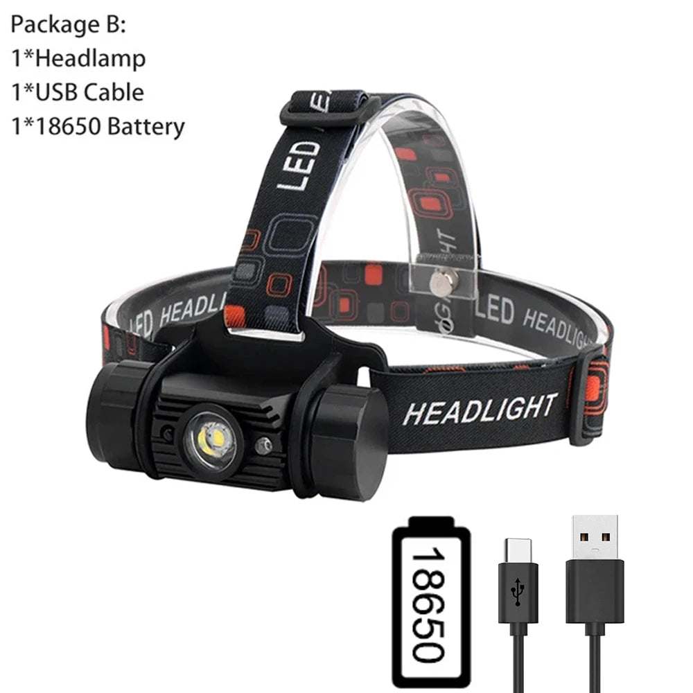 lampe frontale led noire moderne bande ajustable détecteur mouvement ipx4 rechargeable 18650 batterie