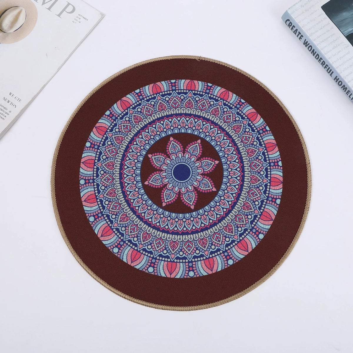 tapis table rond mandala boho chic bleu marine beige tissé imperméable résistant chaleur