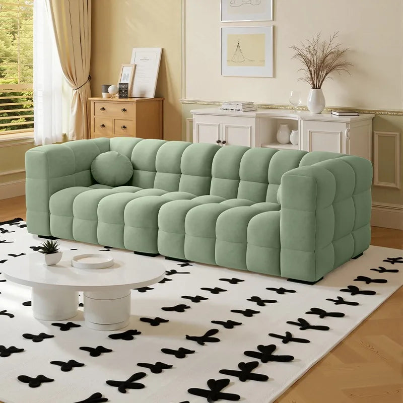 canapé moderne bois tissu géométrique coussin mousse latex beige rose vert gris orange