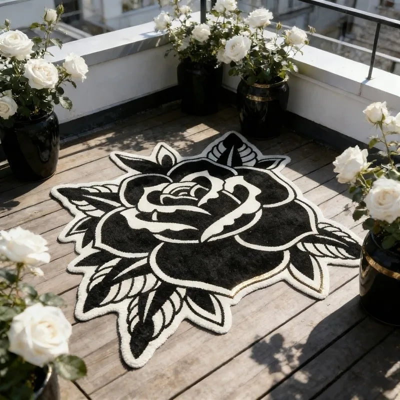 tapis noir blanc roses polka dots moderne salon chambre décoratif polyester polar fleece