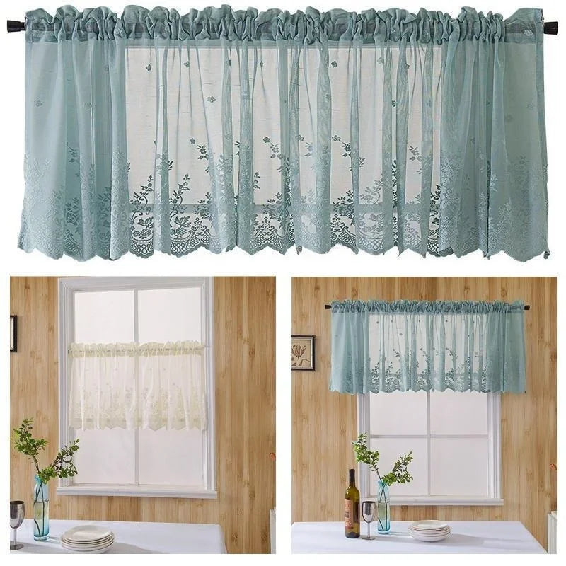 rideau bleu clair broderie florale semi transparent classique européen tissu dentelle chambre cuisine salon