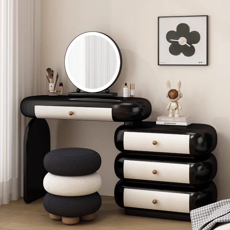 maquillage moderne commode tiroirs tabouret miroir noir blanc texture cuir