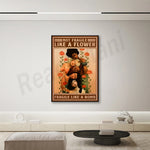 toile d'art vintage illustration personnes s'embrassant fleurs rouge texte bomb flower decoration murale retraite