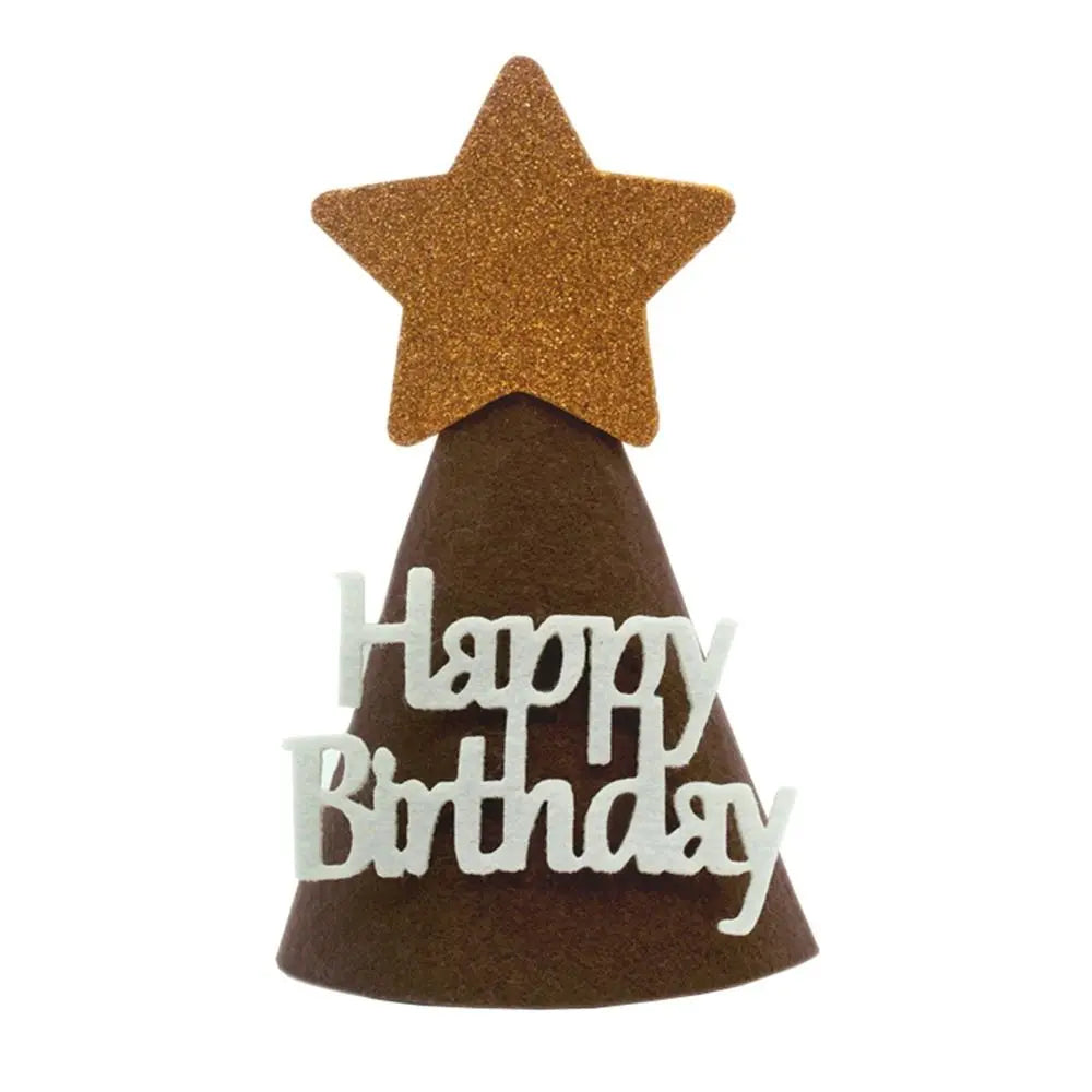 chapeau festif happy birthday étoiles dorées rubans pompons sourires