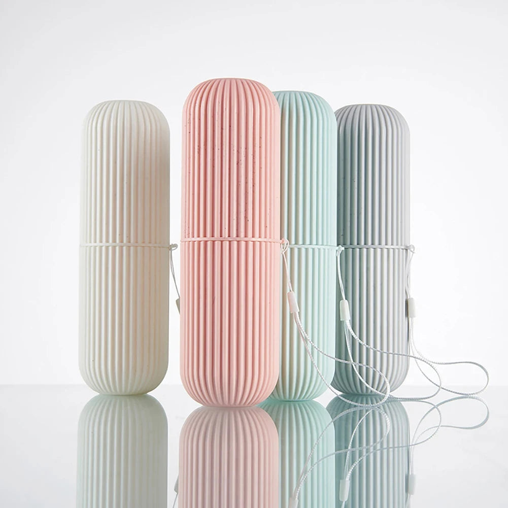 boîte rangement accessoires toilette rose blanc gris vert rayures moderne minimaliste cordelette Brosse dents