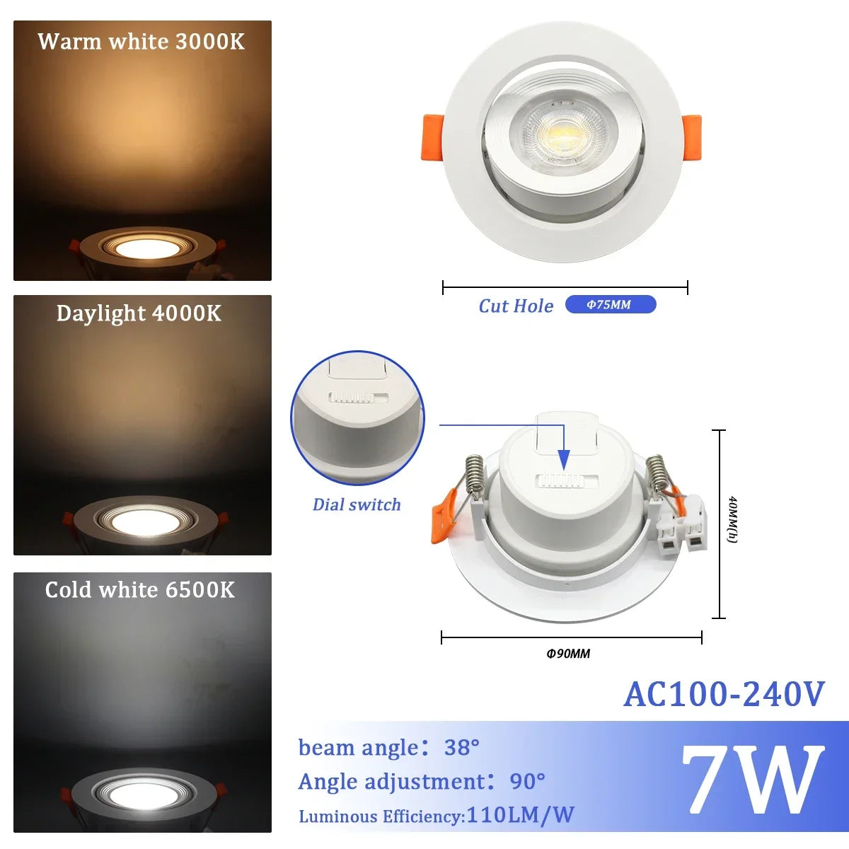 Spot LED encastrable blanc rond carré moderne switch cct 25000h lumens 121v 240v