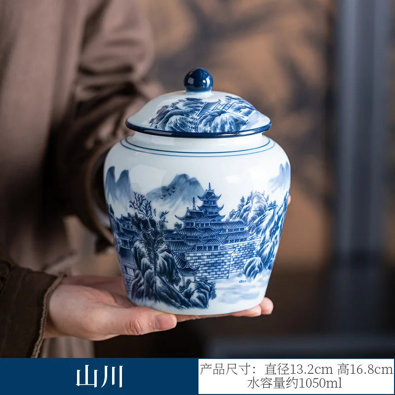 pot thé céramique blanc bleu paysage chinois couvercle fleurs montagnes arbre traditionnel