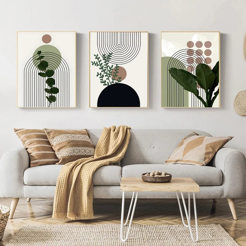 toile d'art contemporain abstraite pièces géométrique minimaliste lignes courbes feuilles vertes simple chambre coucher