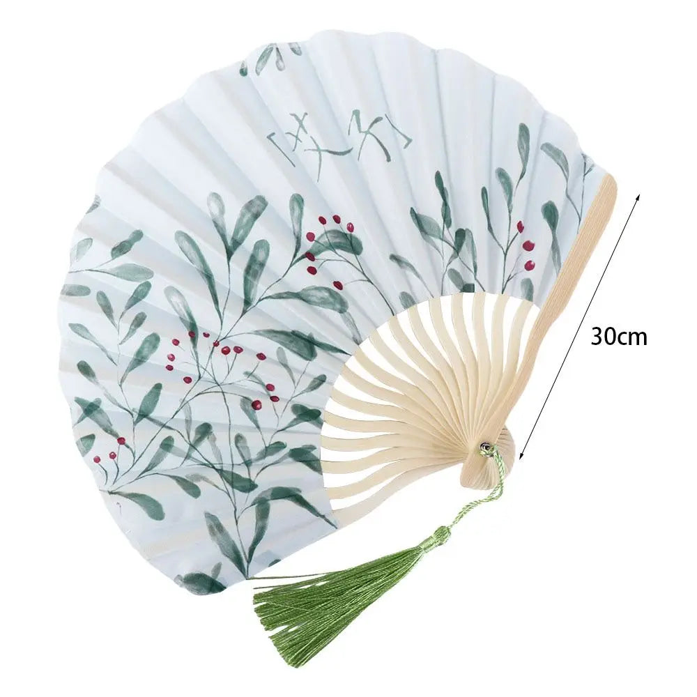 éventail pliant traditionnel soie bois fleurs motifs floraux tassel blanc rouge vert bleu