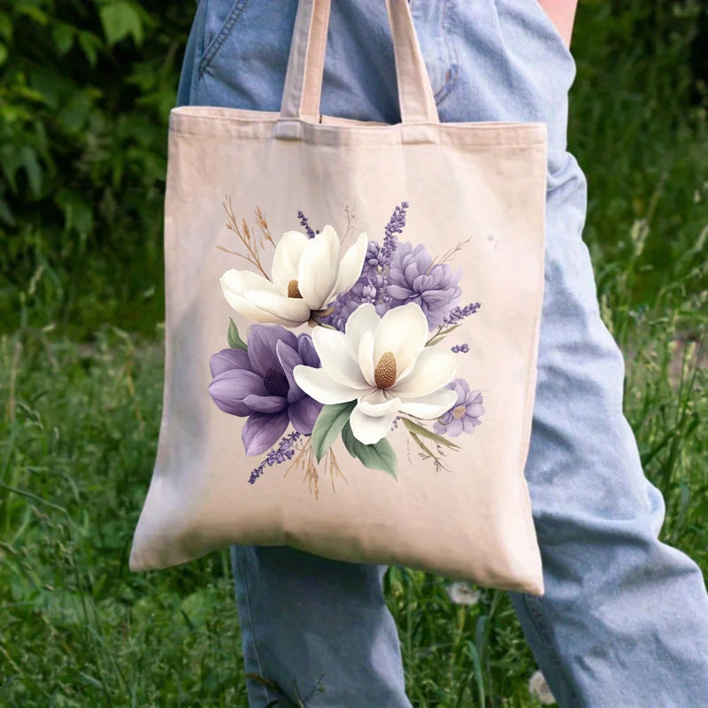 sac main toile beige fleurs blanches violettes poignées réutilisable écologique multifonctionnement
