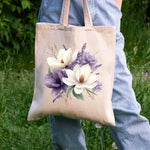 sac main toile beige fleurs blanches violettes poignées réutilisable écologique multifonctionnement