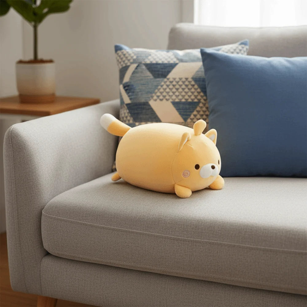 coussin voyage forme chat jaune clair mignon doux mousse polyester coton