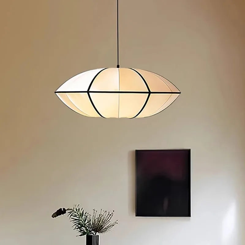 suspension moderne tissu blanc motif géométrique opaque chambre salon lumière led pendentif