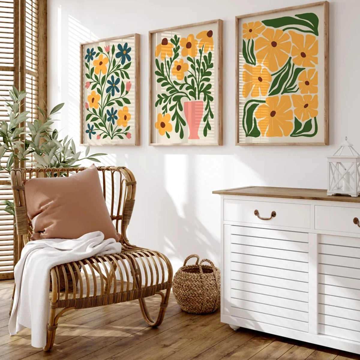 affiches murales modernes fleurs stylisées couleur rose jaune décoration intérieure chambre salon enfants
