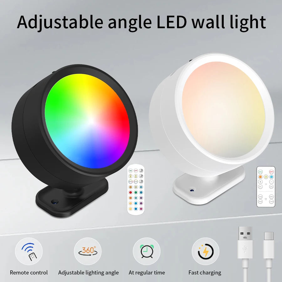 Lampe murale LED moderne rechargeable télécommande noir blanc rond minimaliste