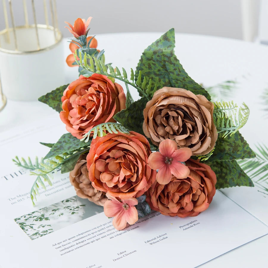 bouquet artificiel roses soie orange rouge rose blanc violet feuilles vertes classiqueintérieurDecorationFestivalMarriage