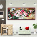 tableau peinture l'huile floral fleurs roses rouges blanches fond vert cadre noir coton 100x55cm