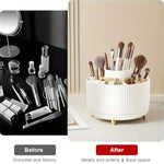 support rangement rotatif blanc rayures modernes pieds dorés pinceaux maquillage fards crèmes ciseaux stylos