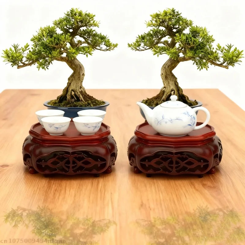 support bois sculpté plateau théière bols bonsai céramique décor asiatique traditionnel stand display