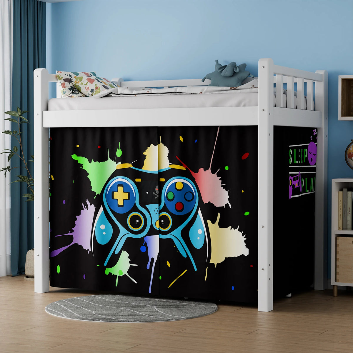 rideau moderne manette jeu noir bleu vert jaune rose violet pliés 200x115cm