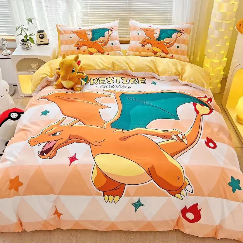 housse couette coton cartoon eevee charizard pikachu oreillers taies d'oreiller ensemble lit enfants motifs