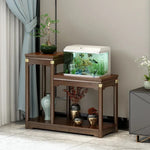meuble appoint bois massif moderne table tiroir meuble double plateau vase bleu figurine bouteille
