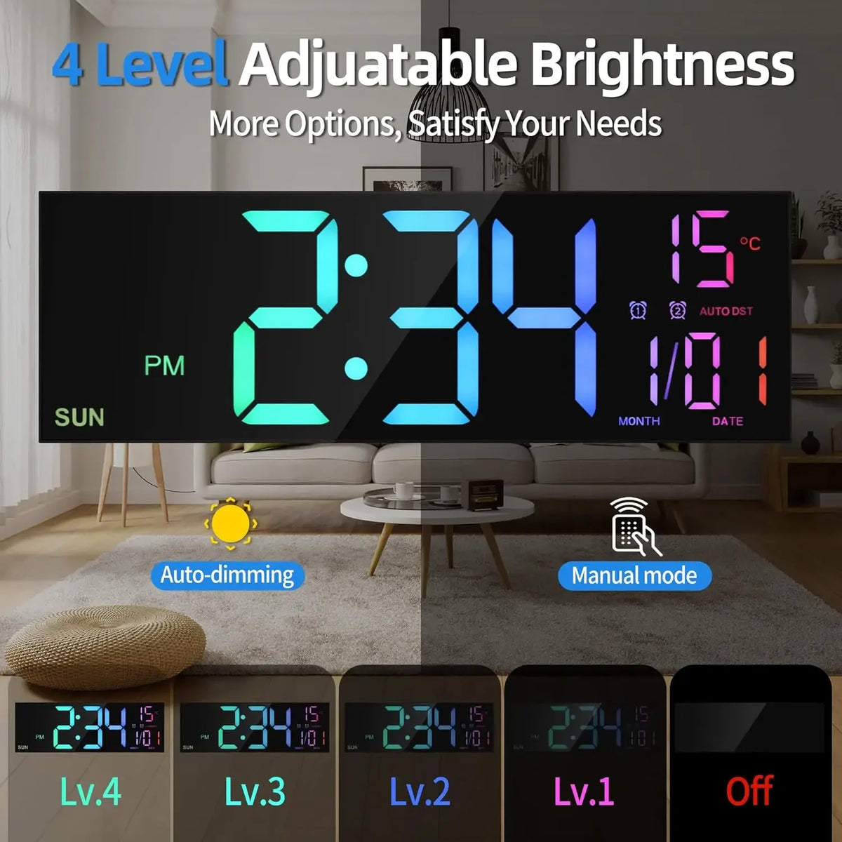 grande horloge murale digitale couleurs rvg télécommande alarme lumineuse moderne