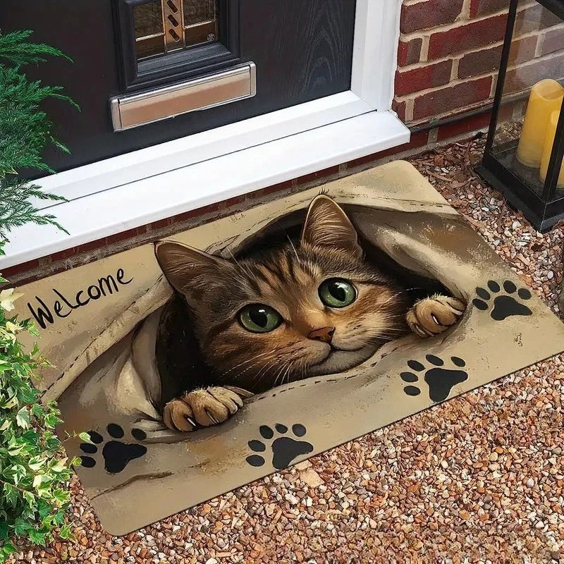 tapis d'entrée moderne motif chat paws bienvenue antidérapant résistant rides polyester orange beige