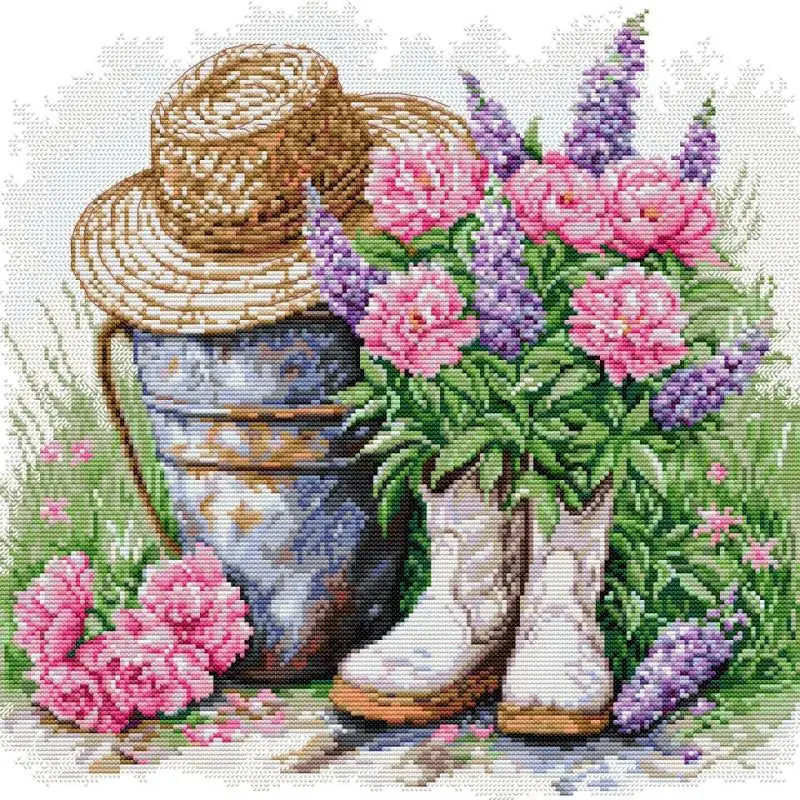 kit broderie jardin fleurs arrosoir bottes tissu coton imprimé non imprimé bobines couleurs schémas