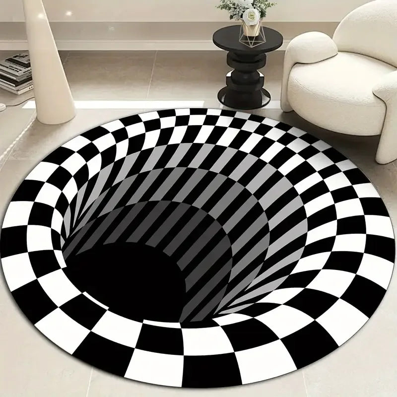 tapis rond carreaux illusion 3d moderne antidérapant salon chambre noir blanc